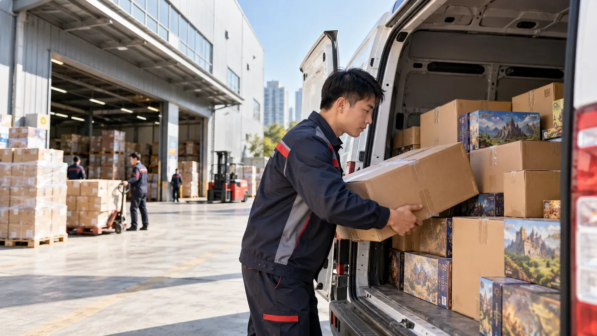 Courier loading board game parcels into a delivery van for backers