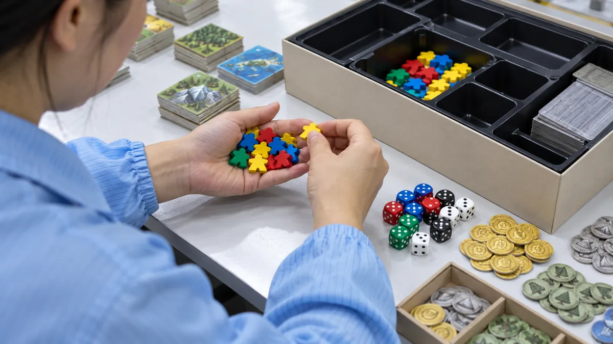 Worker checking meeples, dice and coins against the component list before kitting