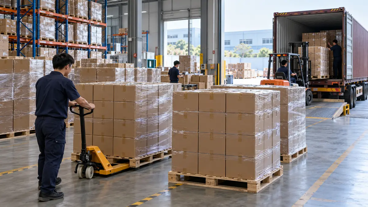 Palletized cartons from the factory staged at a China warehouse loading dock