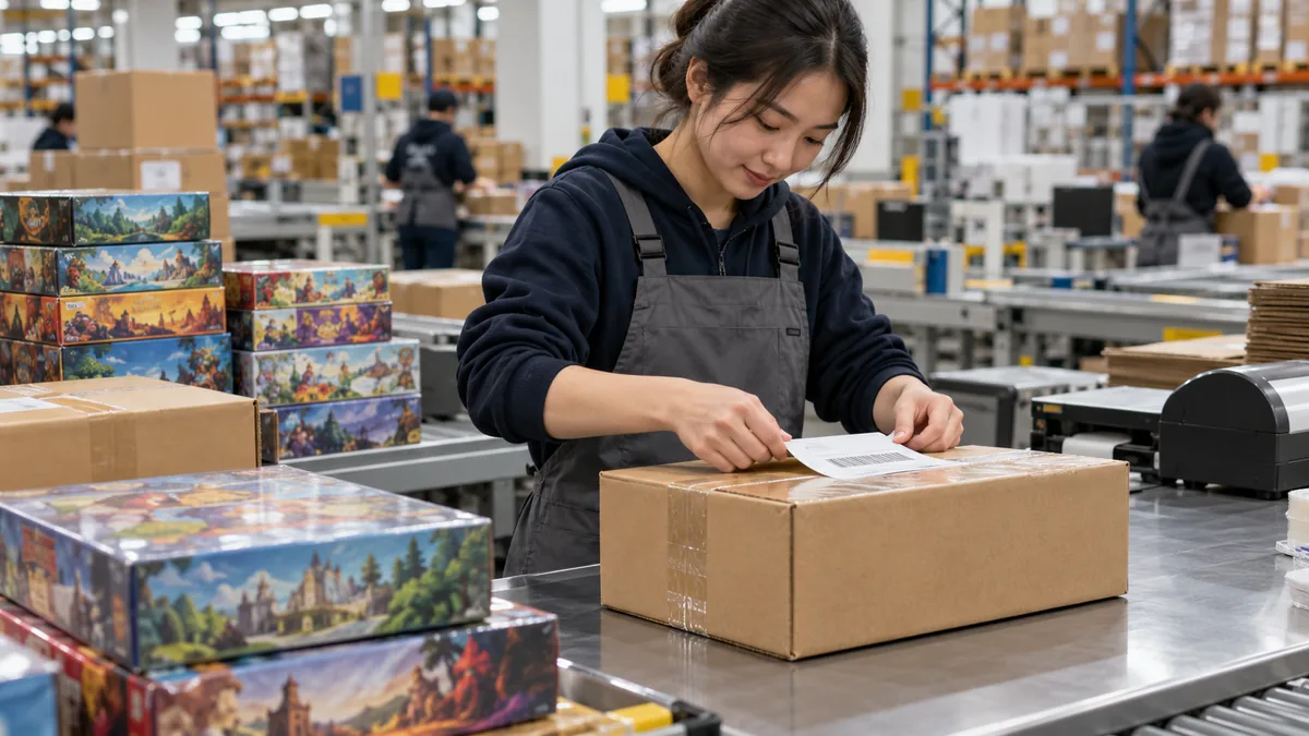 Packer applying a shipping label to a board game parcel by destination