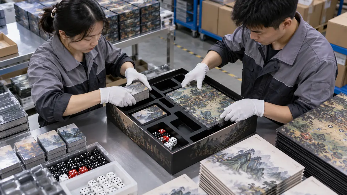 Fulfillment team assembling board game kits with components and inserts